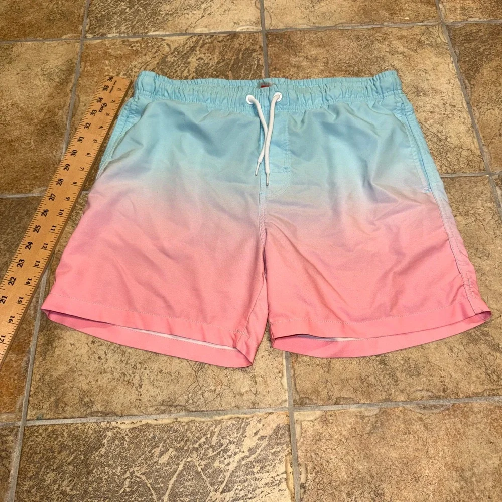 Milankerr Mens Ombre Swim Trunks Blue Pink Gradient Mesh Lined Shorts Small
